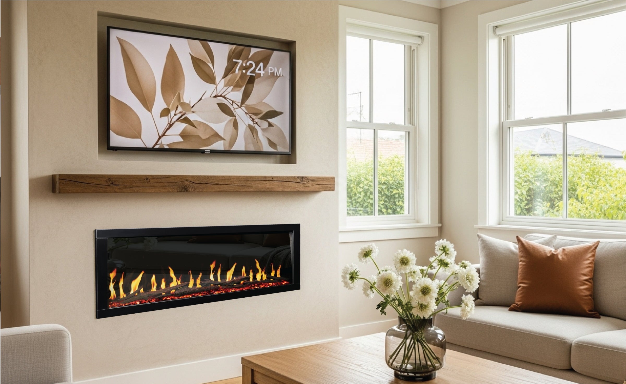 Linear electric fireplace on a beige wall with rustic mantel and television overhead.