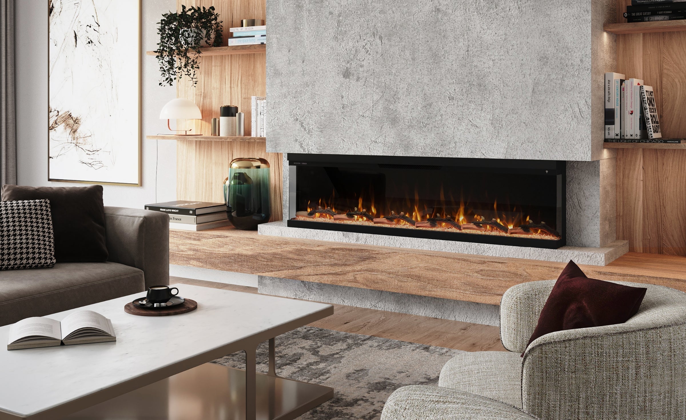 Large living room with smart linear electric fireplace. Coffee table and club chairs in the foreground.