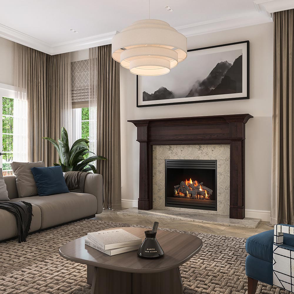 Traditional style living room with full wood mantel around an electric fireplace flanked by floor to ceiling windows with beige drapery.