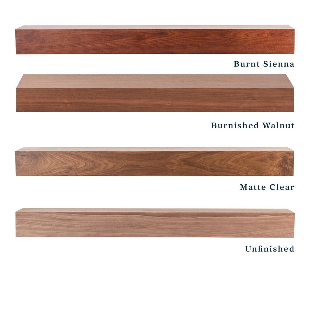 Mantels Direct Walnut Creek mantel shelf available in four finishes: Burnt Sienna, Burnished Walnut, Matte Clear, and Unfinished solid walnut wood