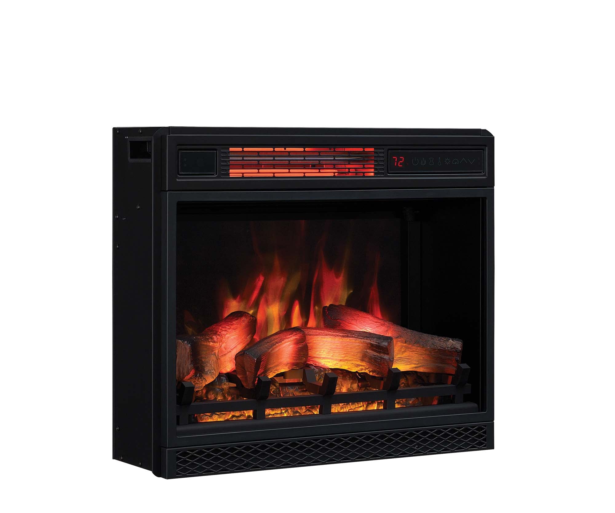 23-inch smart fireplace insert shown outside the mantel, with flames lit, highlighting the realistic log set.