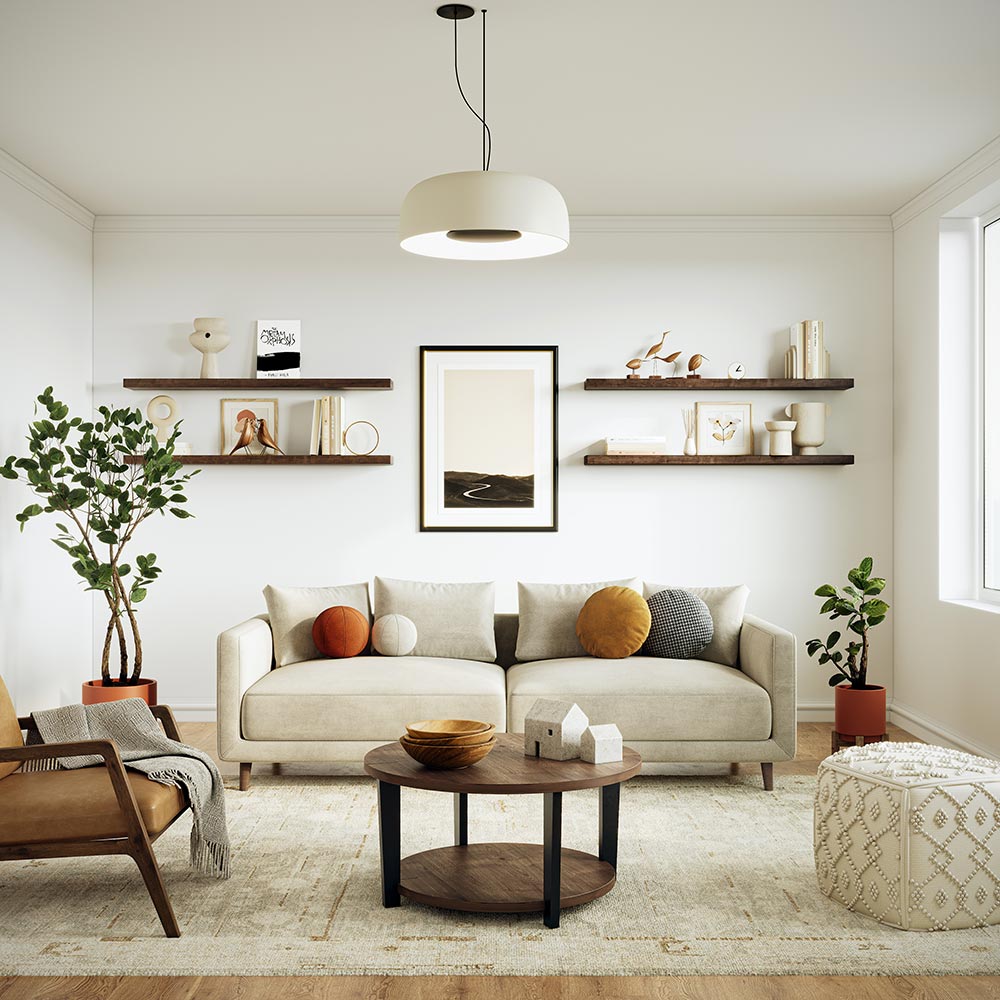 straight on view of Modern living room with a beige sofa accented with Alma 36-in Maple Floating wooden wall shelves in  Umber Stain  decorated with books, ceramics, and artwork, creating a clean and contemporary design.