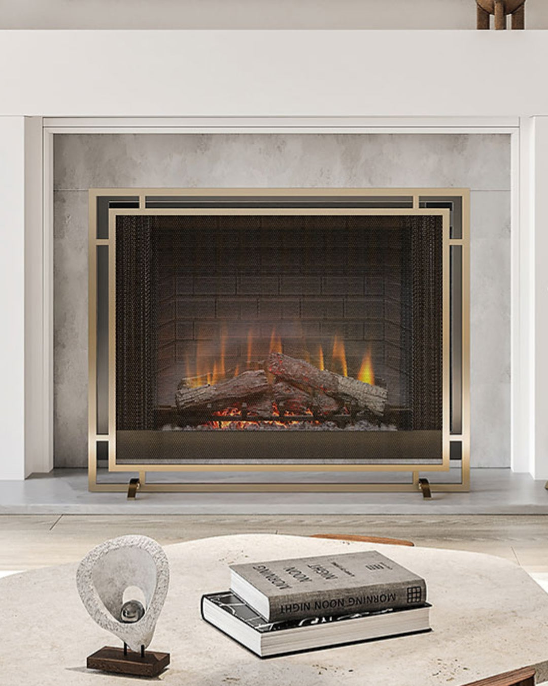 Contemporary living room with elegant Modern Ember gold fireplace screen and modern coffee table decor
