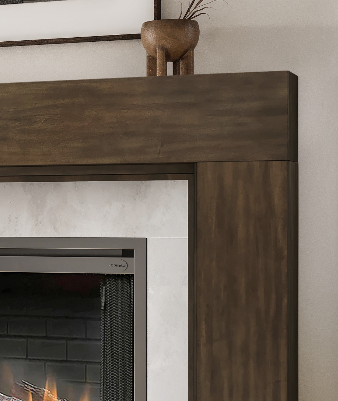 Close-up of Modern Ember electric fireplace with dark wood mantel and stone surround, showcasing architectural design, premium craftsmanship and transitional home styling.