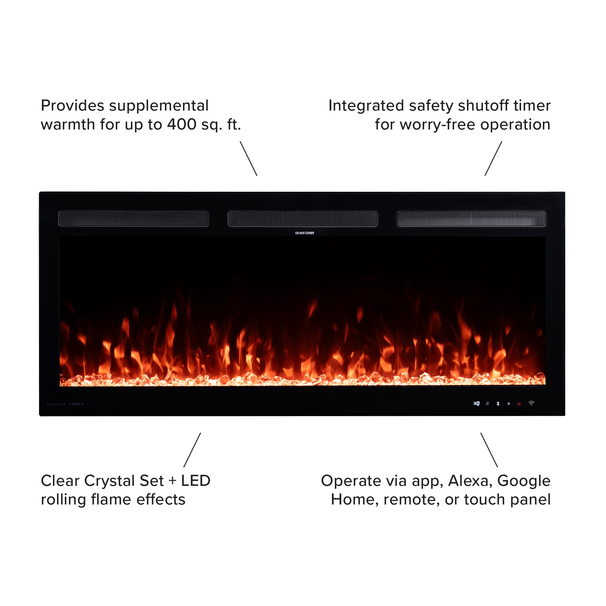 Straight-on view of the 42" Vibrance Linear Electric Fireplace, showing supplemental heat, shutoff timer, crystal and LED effects and and smart features.