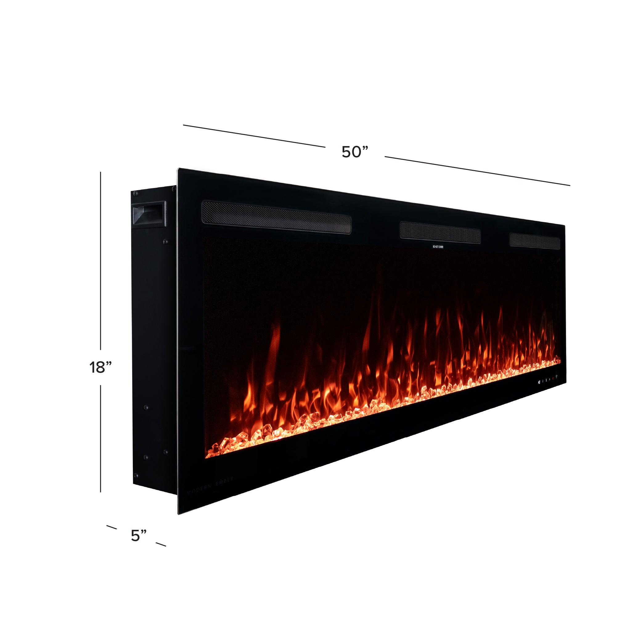 Corner view diagram of the 50 inch Vibrance Fireplace.