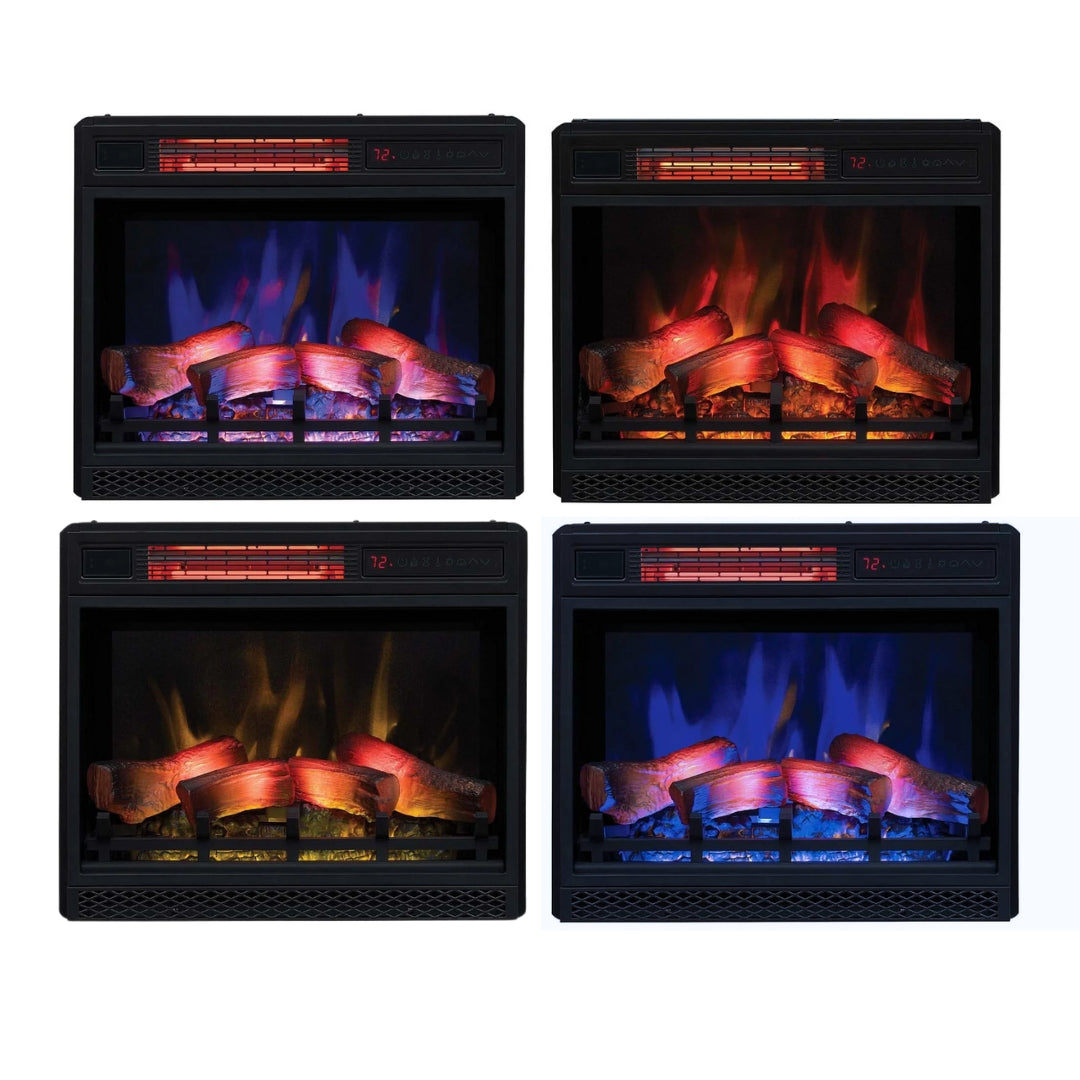 Grid displaying four  different flame and ember bed color combinations for the 23" firebox insert.