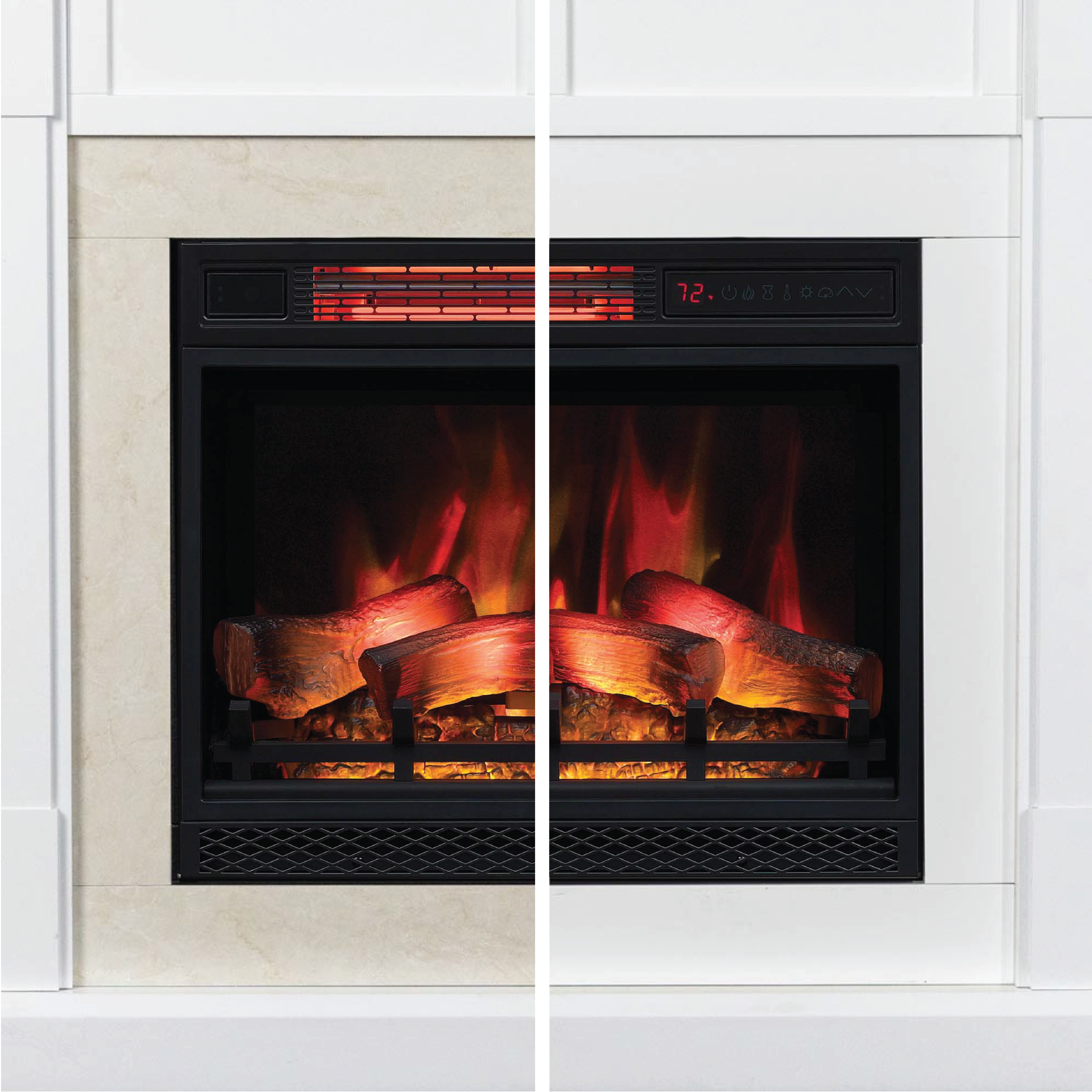 Straight-on view of the 23" firebox insert with realistic logs and bright orange flames showing Frame options.