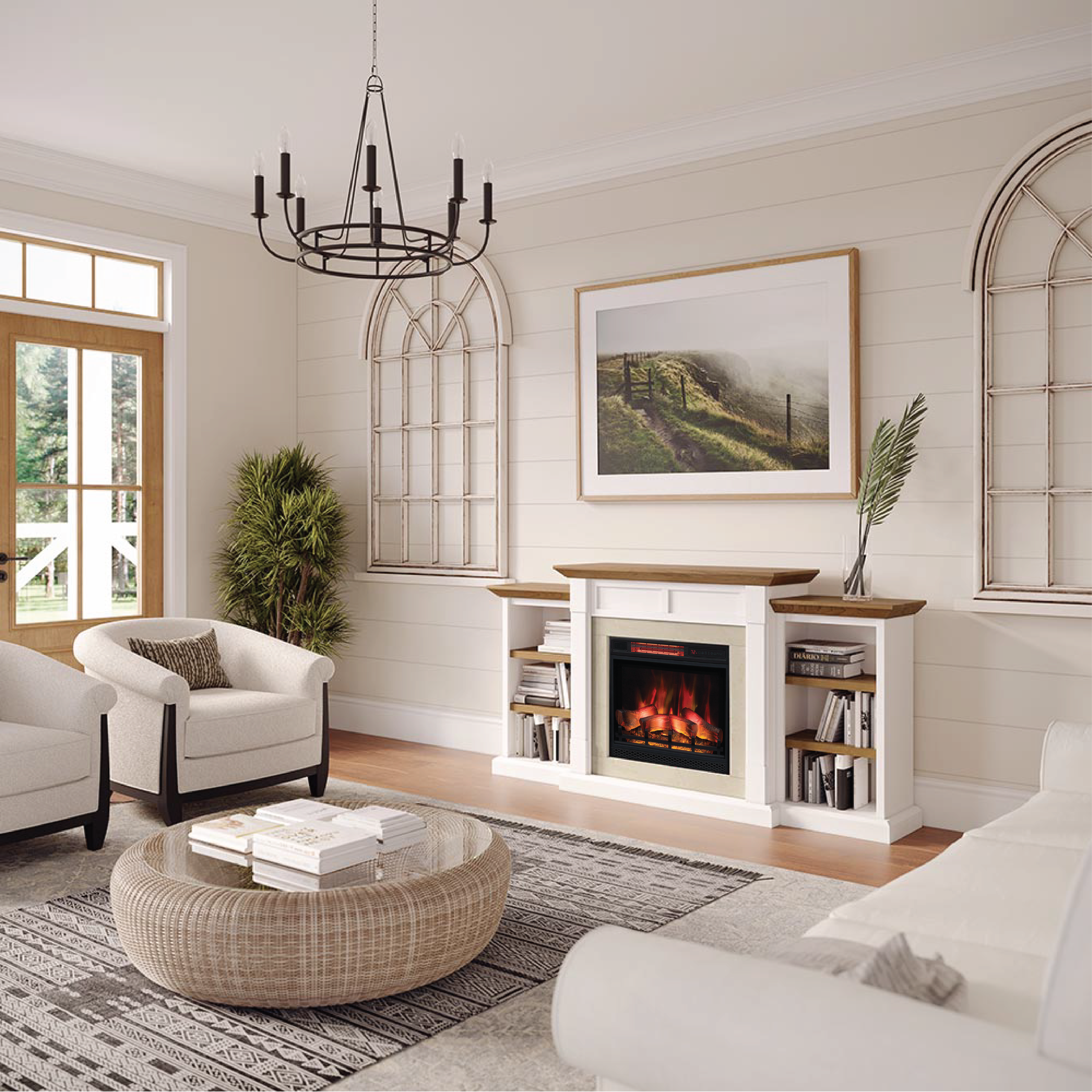 Wide shot of a living space with the Belhaven Mantel Bookcase providing powerful heat output and ambiance.