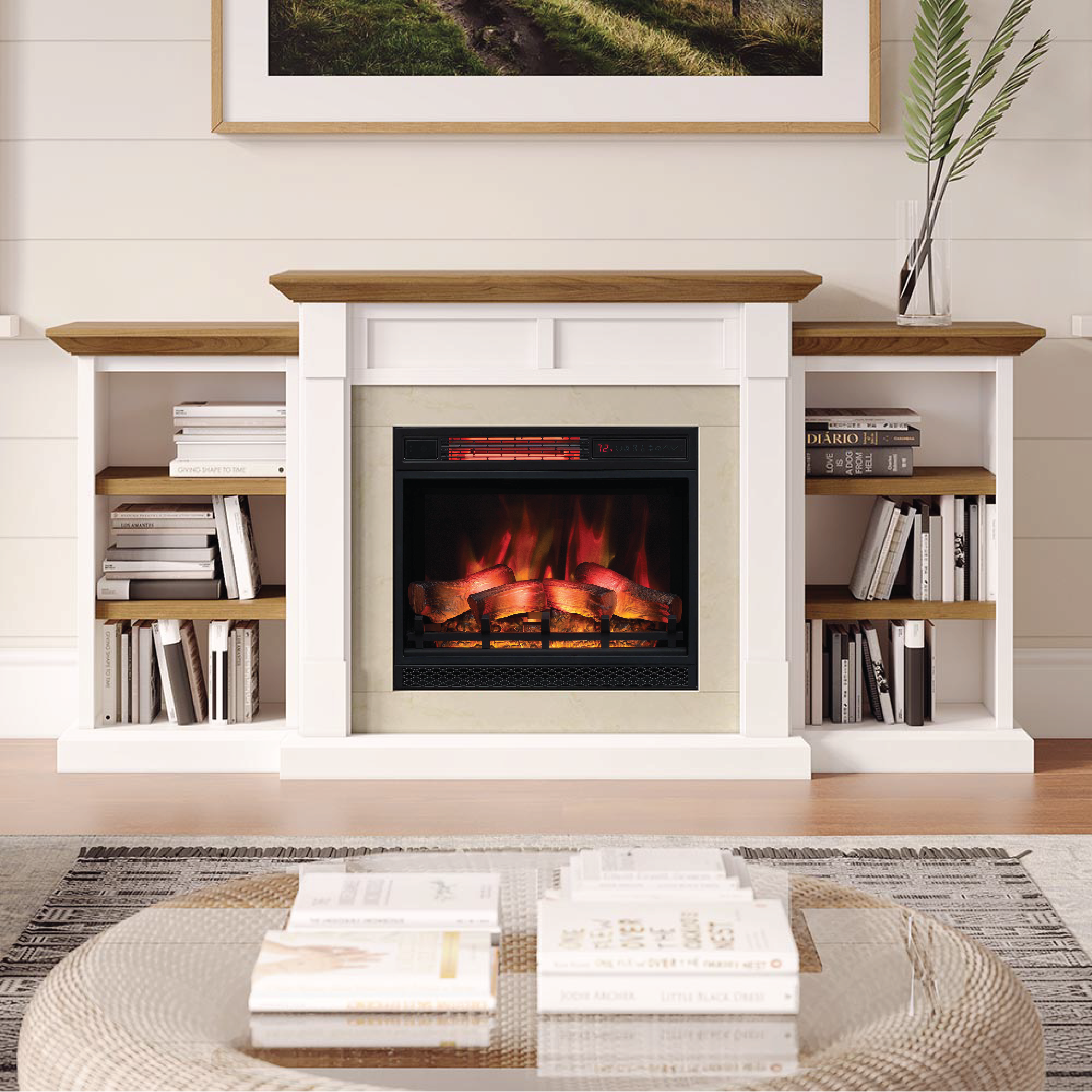 Belhaven Mantel Bookcase in white with an warm walnut top, featuring a 23" firebox insert and side shelves, styled in a cozy living room.