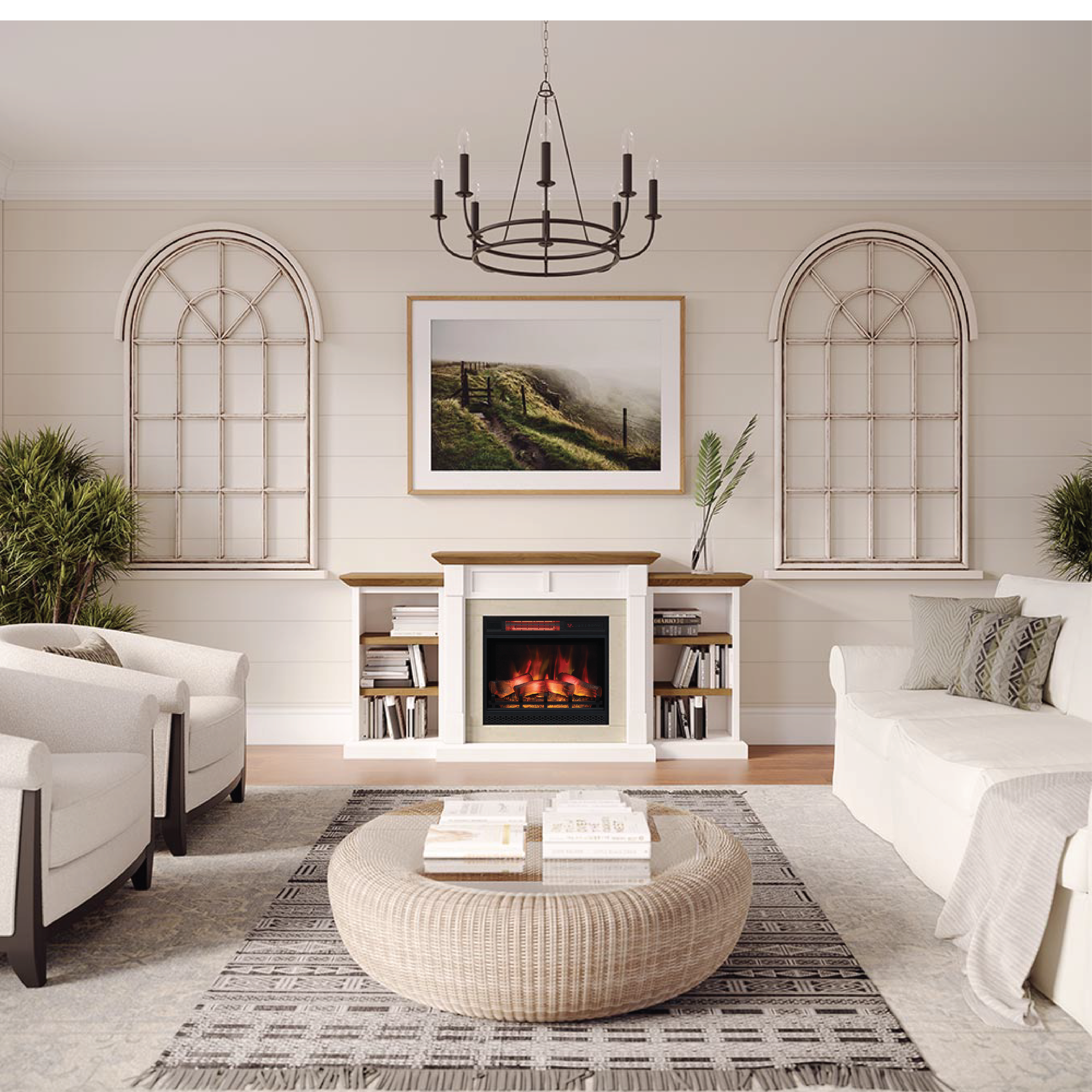Wide shot of a bright living room featuring the Belhaven Mantel Bookcase as a central, farmhouse-style focal point.