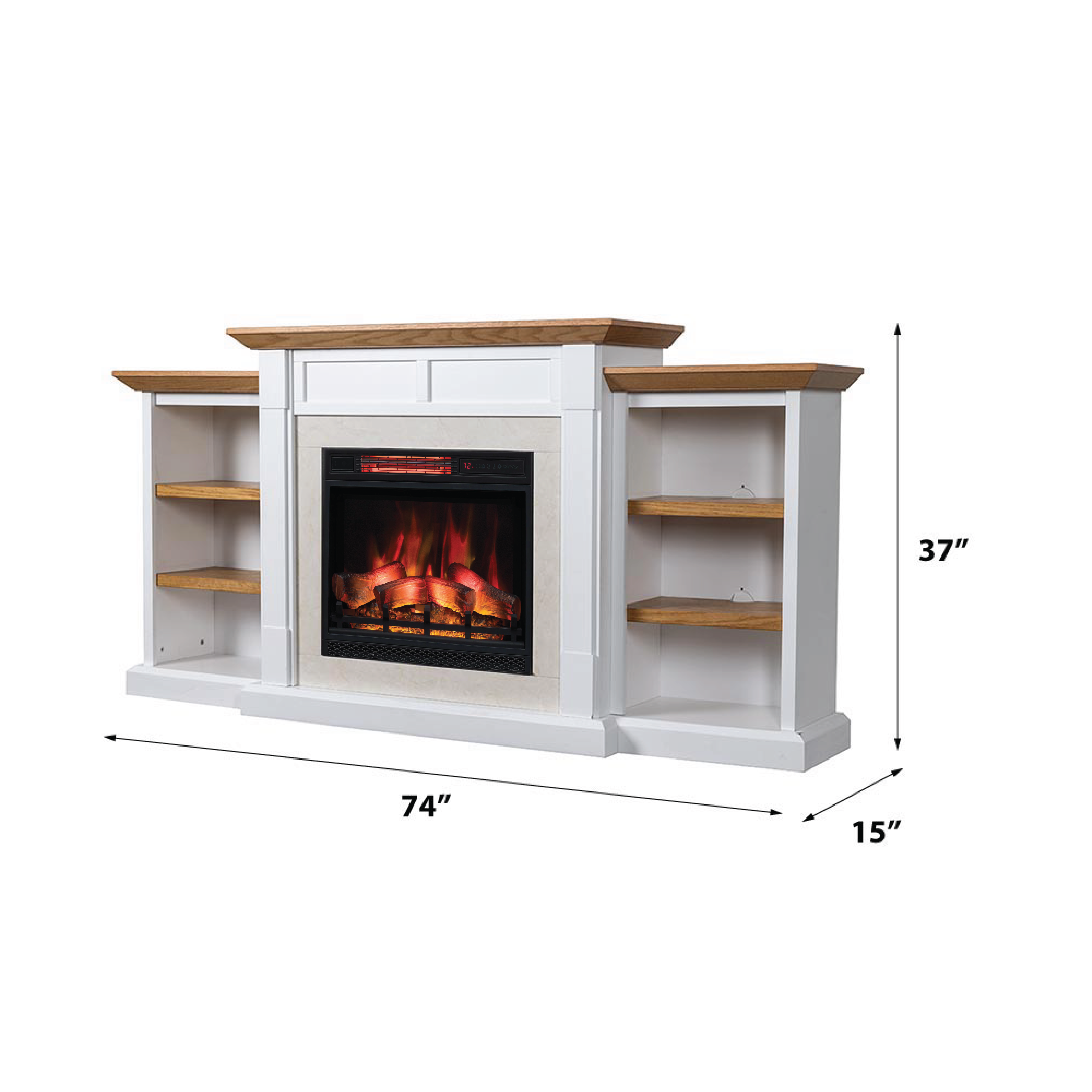 Diagram illustrating the dimensions of the Belhaven Mantel Bookcase, showing the height, width, and shelf size.