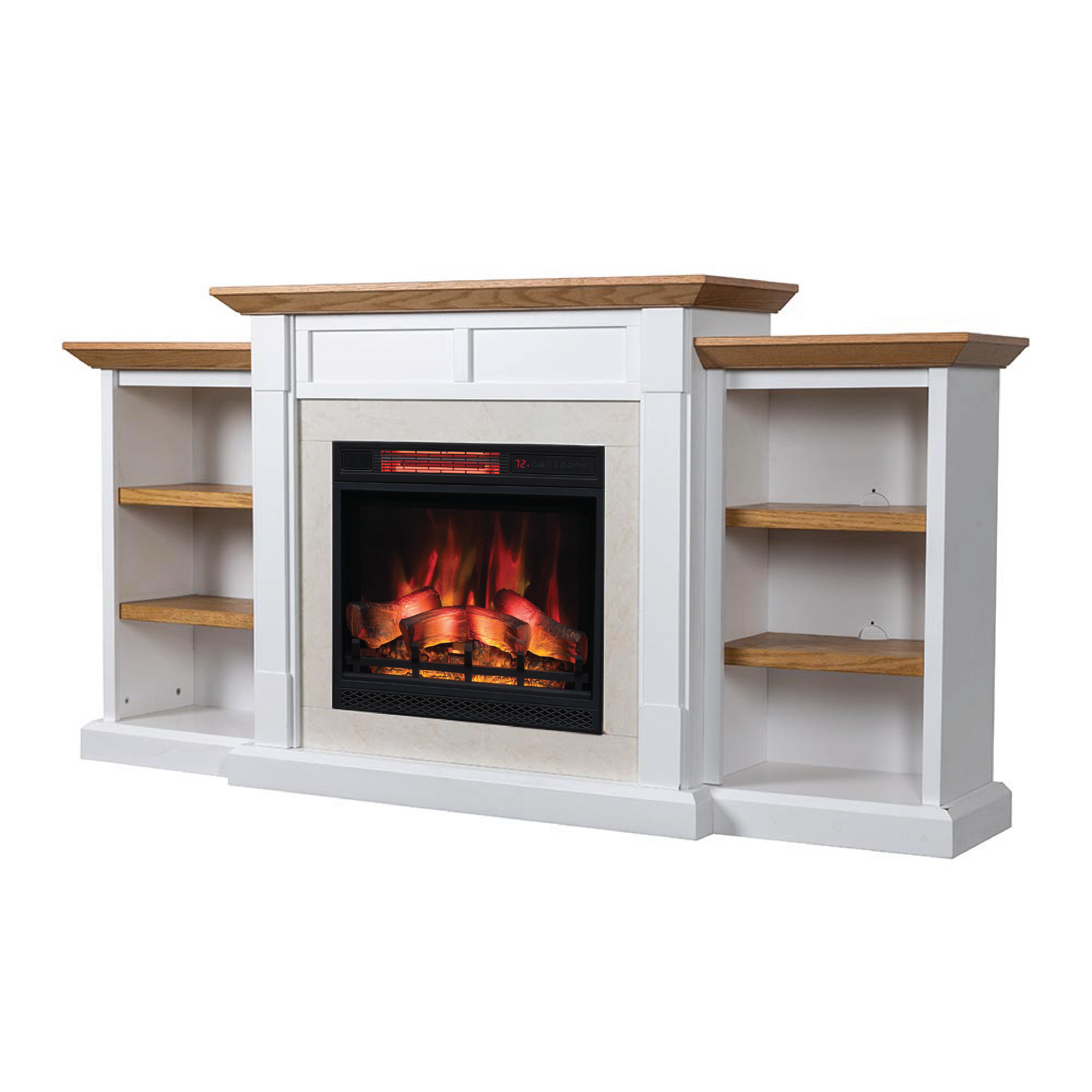 Angled view of the Belhaven Mantel Bookcase in white, highlighting the fireplace opening and tiered side shelves.