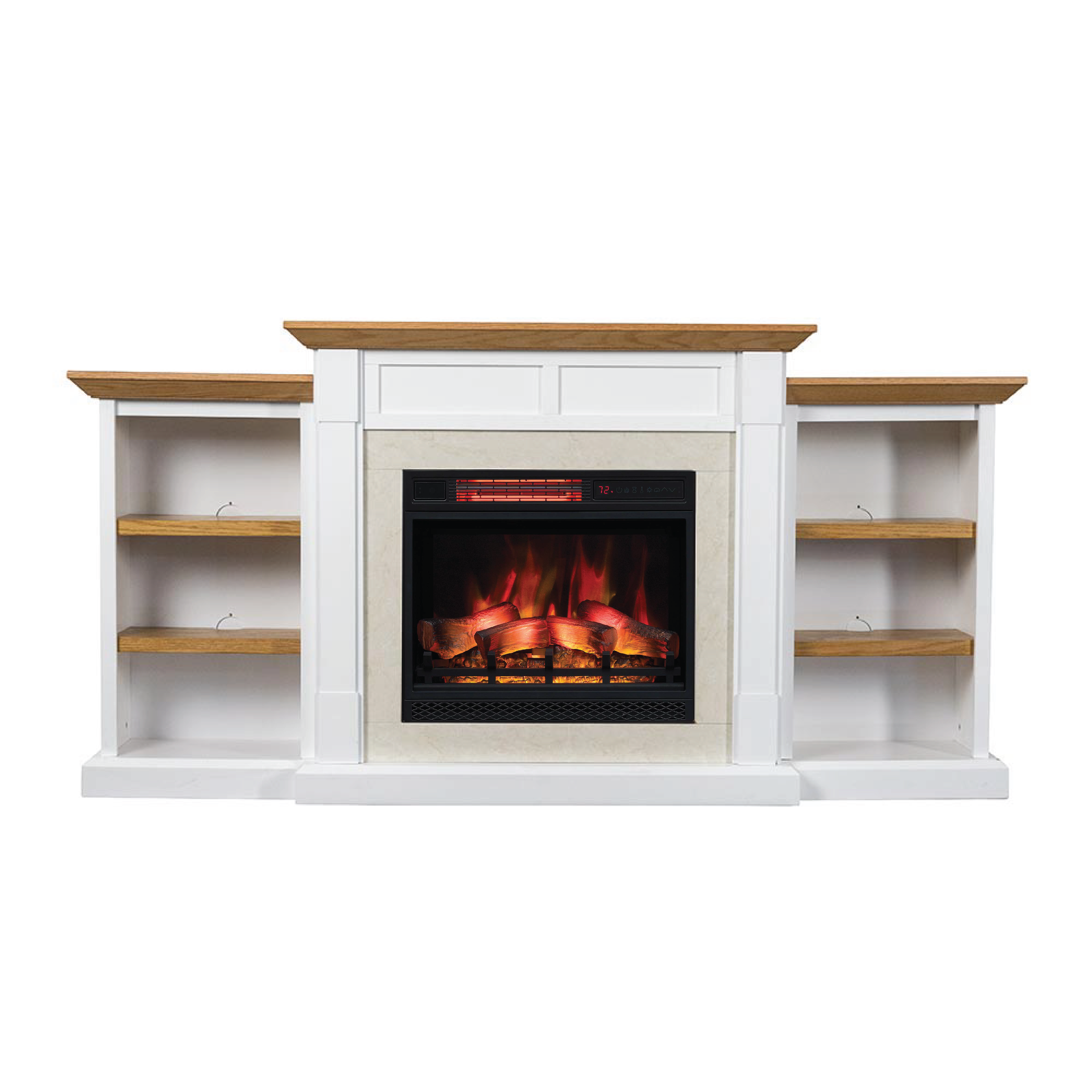 Straight-on view of the Belhaven Mantel Bookcase in white, highlighting the fireplace insert and tiered side shelves.