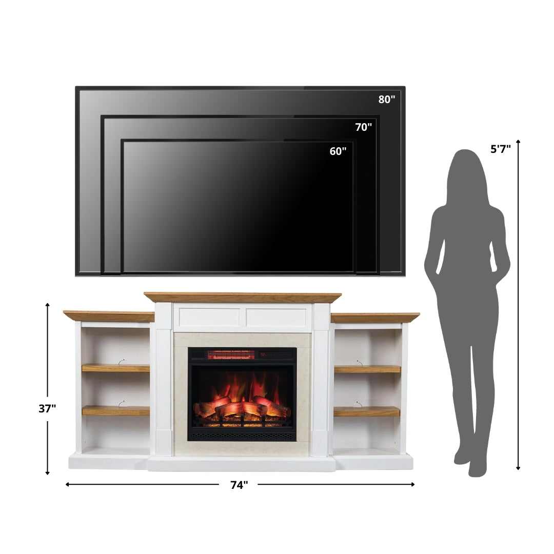 Diagram showing the Belhaven Mantel Bookcase next to a human figure and a large TV sizes, illustrating its size.