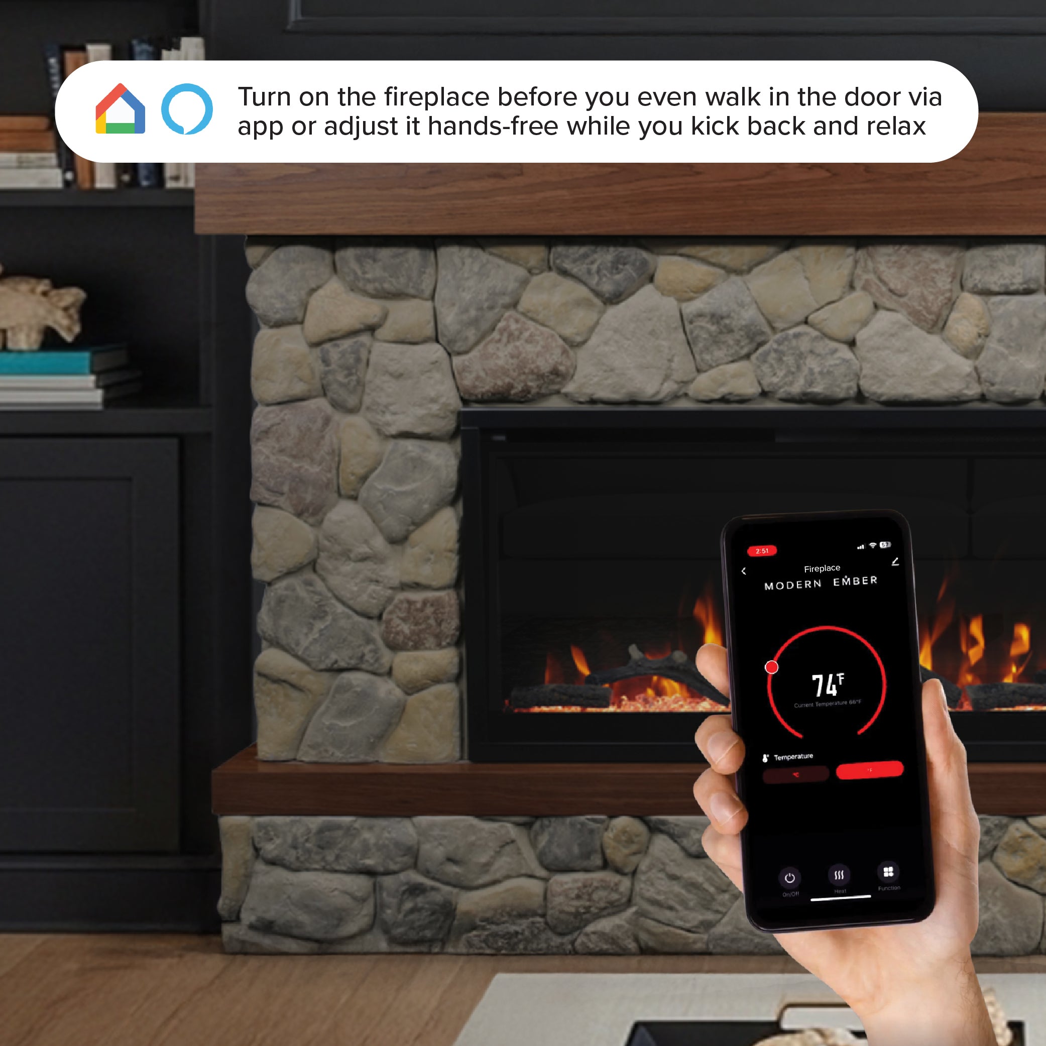 Brookstone River Rock Mantel with 50-inch linear fireplace, shown with Aerus smart control app for customizable flame colors and ember bed hues.
