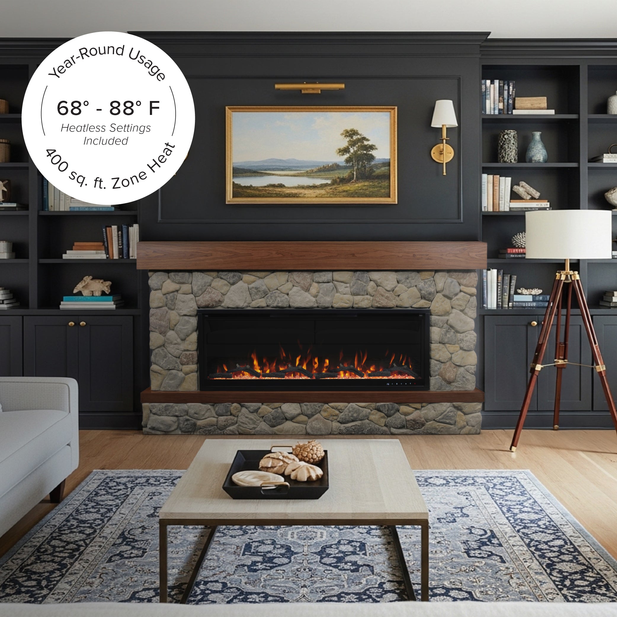 Brookstone River Rock Mantel with 50-inch linear fireplace, installed in a cozy living room with built-in shelving and seating.