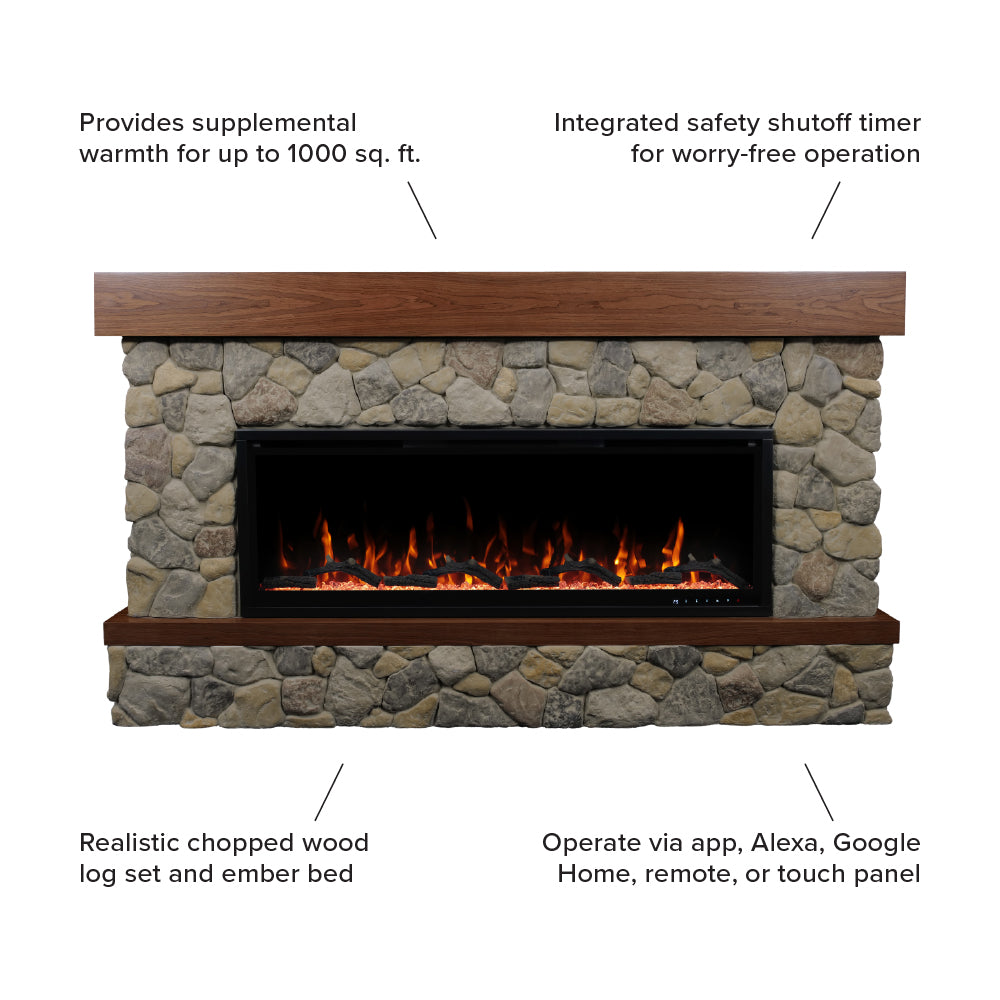 Straight-on rendering of the Brookstone River Rock Mantel with 50-inch linear fireplace, showing natural stone surround and walnut wood mantel shelf.