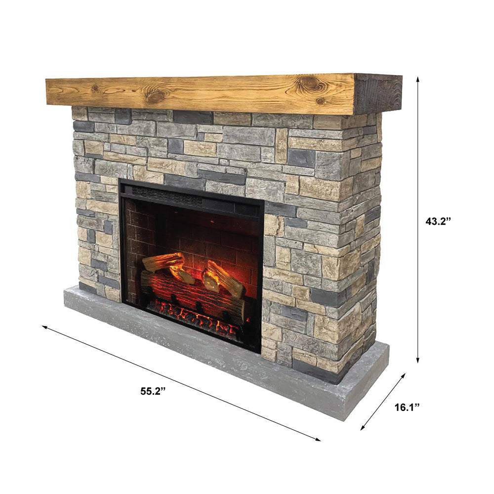 Side view of the Dixson Stone Mantel with the lit brick firebox insert.