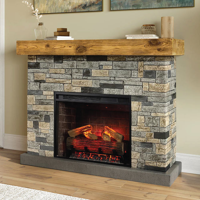 Dixson Stone Mantel & 28" Firebox in a rustic living room, showing the real wood mantel shelf and faux stone surround with a realistic fire display.