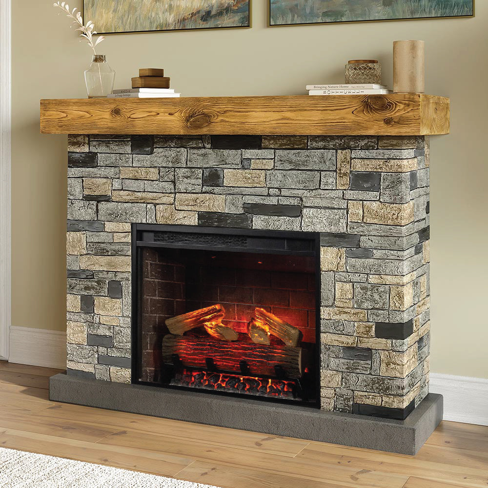 Dixson Stone Mantel & 28" Firebox in a rustic living room, showing the real wood mantel shelf and faux stone surround with a realistic fire display.