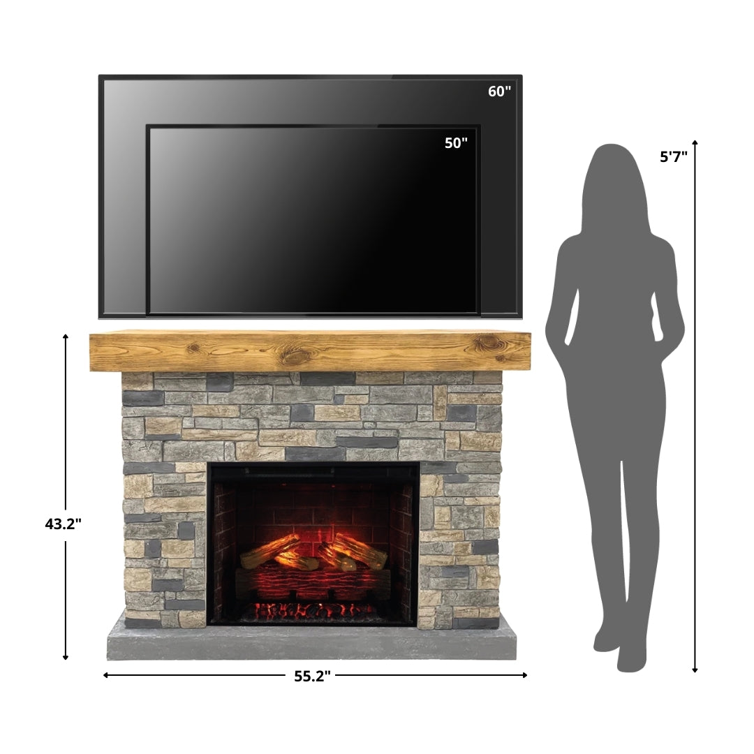 Diagram showing the Dixson Stone Mantel next to a human figure and a TV, illustrating the full height and scale of the freestanding fireplace.