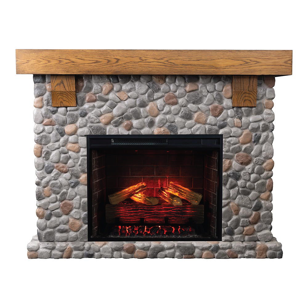 Straight-on view of the Glenbrook River Rock Fireplace, highlighting the full river rock surround and white oak mantel shelf.