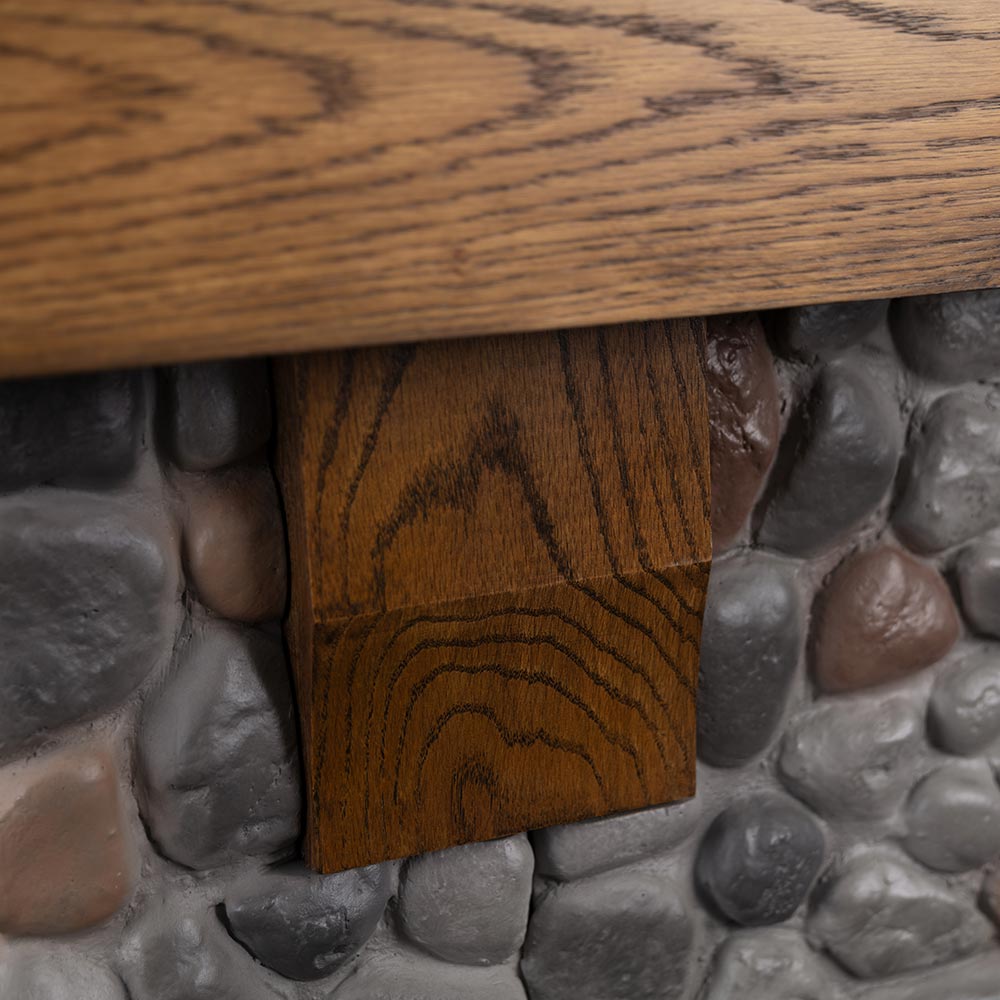 Close-up of the white oak mantel shelf in a natural finish, emphasizing the wood grain and rustic texture.