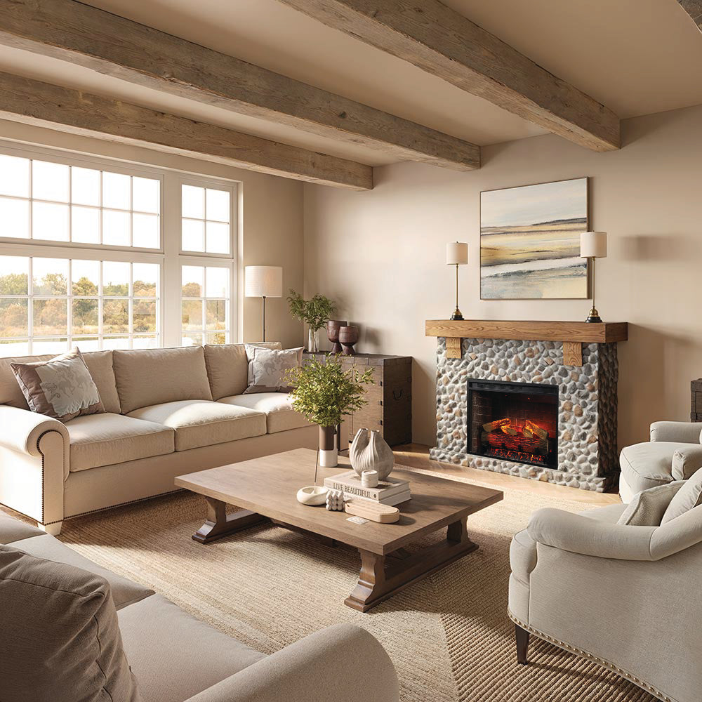 Wide shot of a modern rustic living room with the Glenbrook Mantel serving as the central, statement fireplace.
