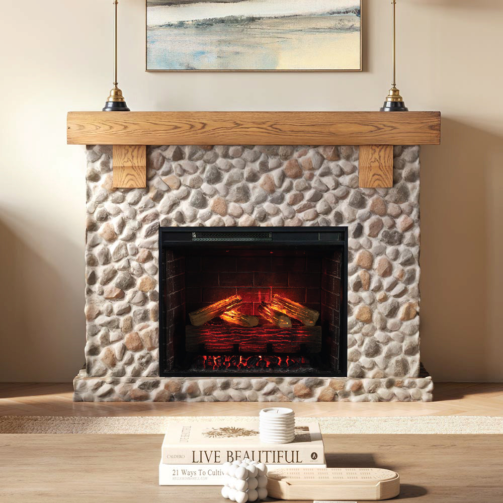 Glenbrook River Rock Mantel with a white oak shelf and cast stone river rock surround, featuring a 28" smart electric firebox insert. Rustic farmhouse living room decor.