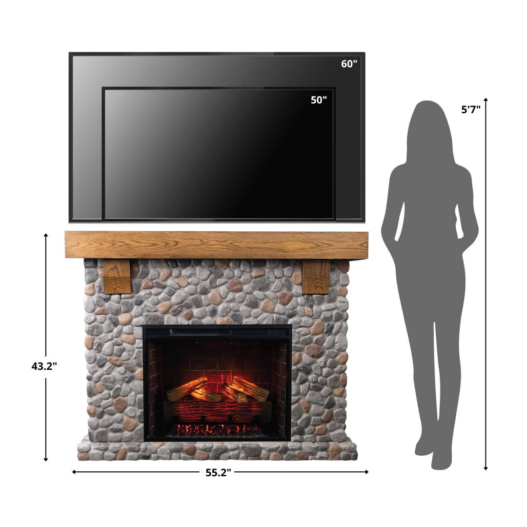 Diagram illustrating the size of the Glenbrook River Rock Mantel next to a human figure, showing the height and width dimensions.