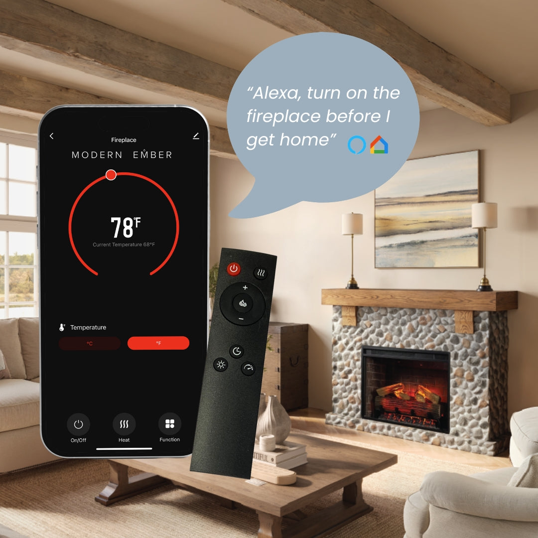 Smartphone screen showing the firebox app control interface, used to adjust the 28" smart fireplace insert settings.