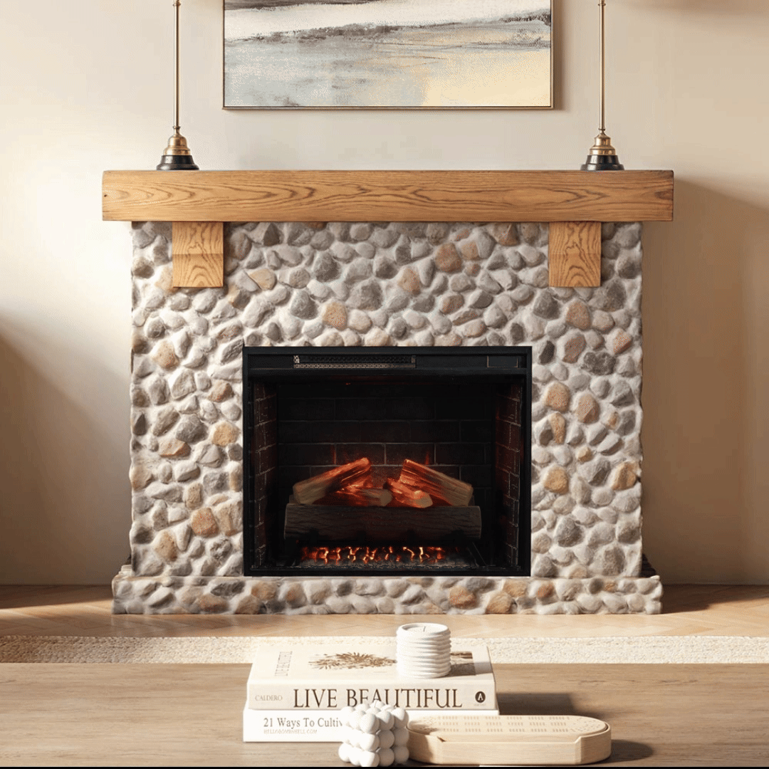 Glenbrook River Rock Fireplace installed in a cozy, light-filled living room, showcasing the full rustic farmhouse design.