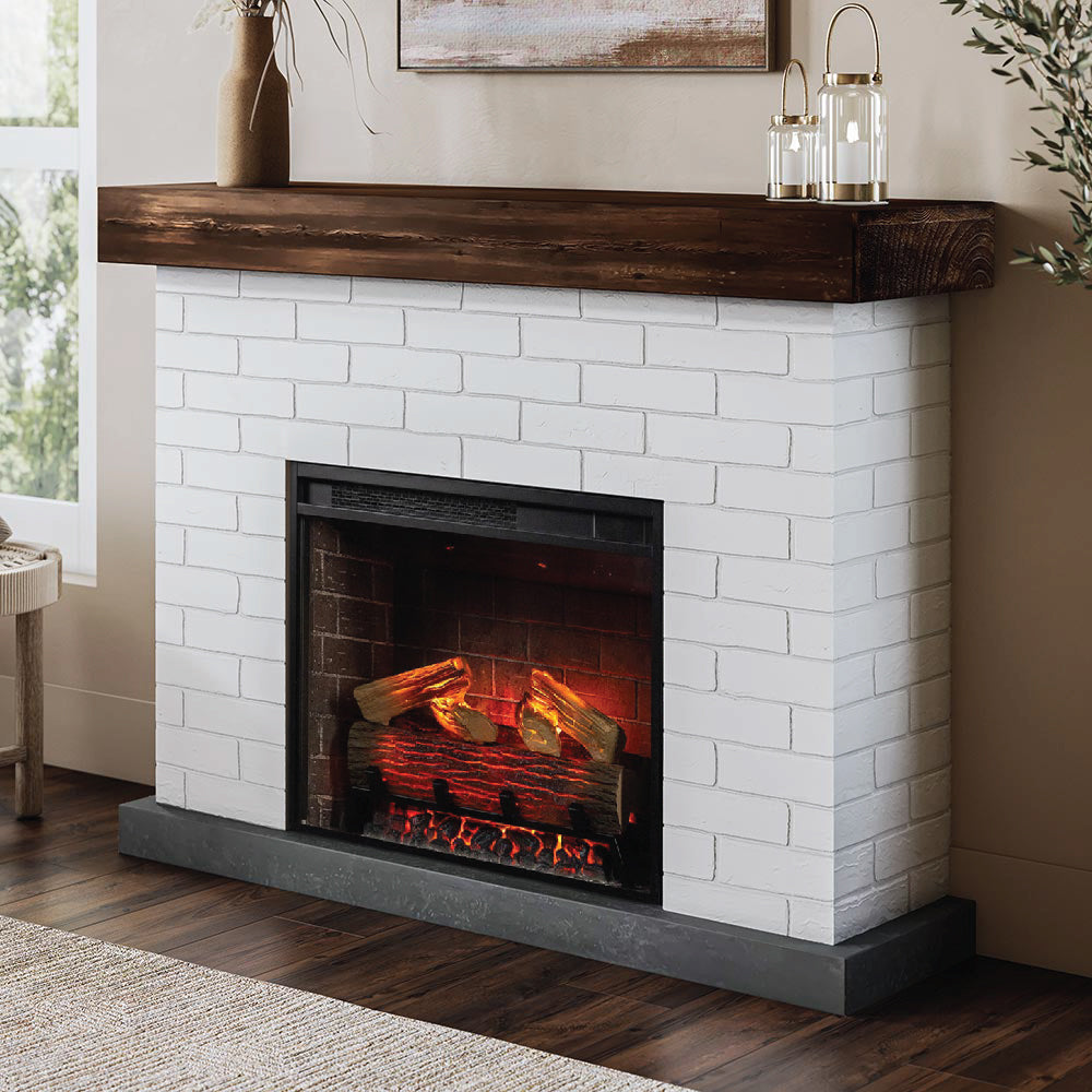 Jackson White Brick Mantel with walnut finish and 28-inch smart electric firebox insert, showcasing a rustic farmhouse-inspired design and realistic log set flames.