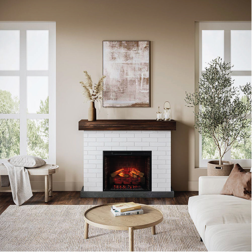 Jackson White Brick freestanding Fireplace with Mantel installed in a bright, farmhouse-inspired living room with white walls and a light rug.