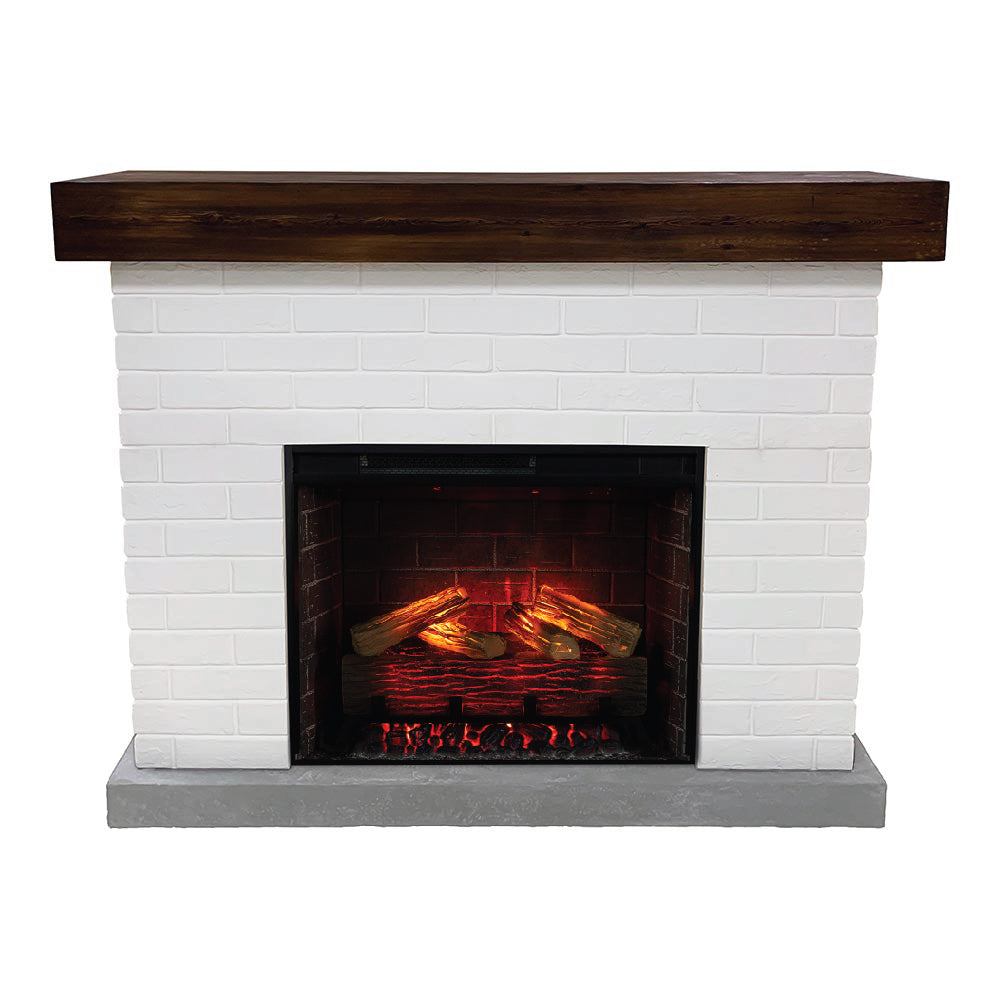 Jackson White Brick Mantel with walnut top and a close-up of the lit firebox insert.