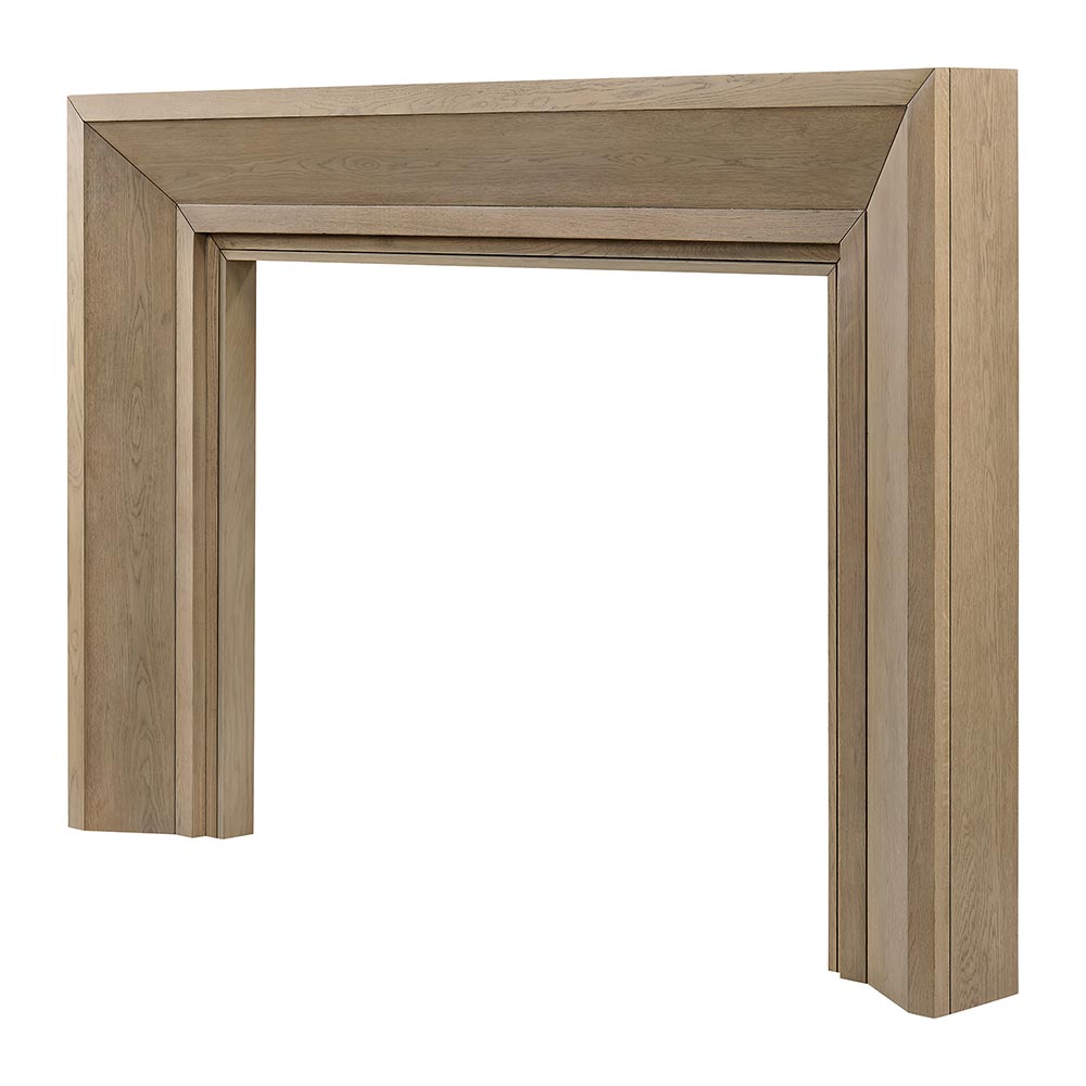 angled close-up of the Everly Mantel Surround in natural oak finish, emphasizing the clean dimension and transitional design.