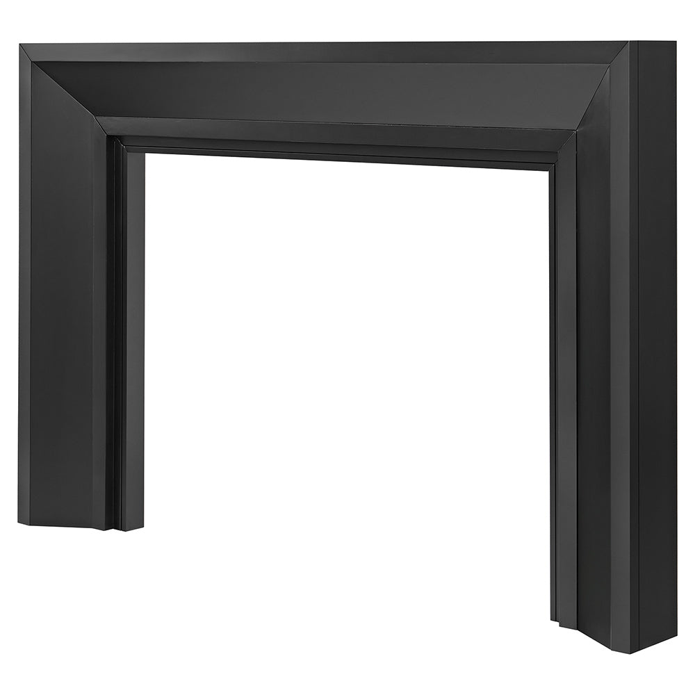 Angled view of the Everly Mantel Surround in matte black paint, highlighting its depth and sharp edges.