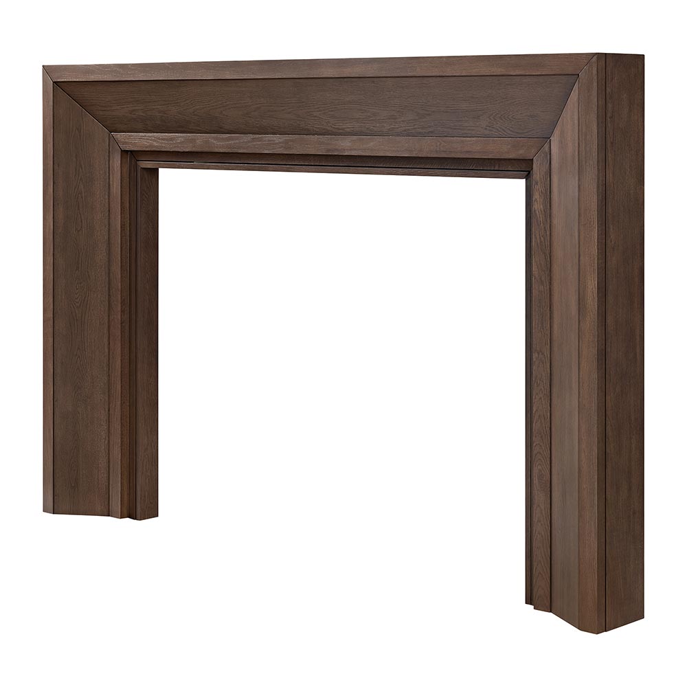 Angled view of the Everly Mantel Surround in matte umber finish, highlighting its depth and sharp edges.