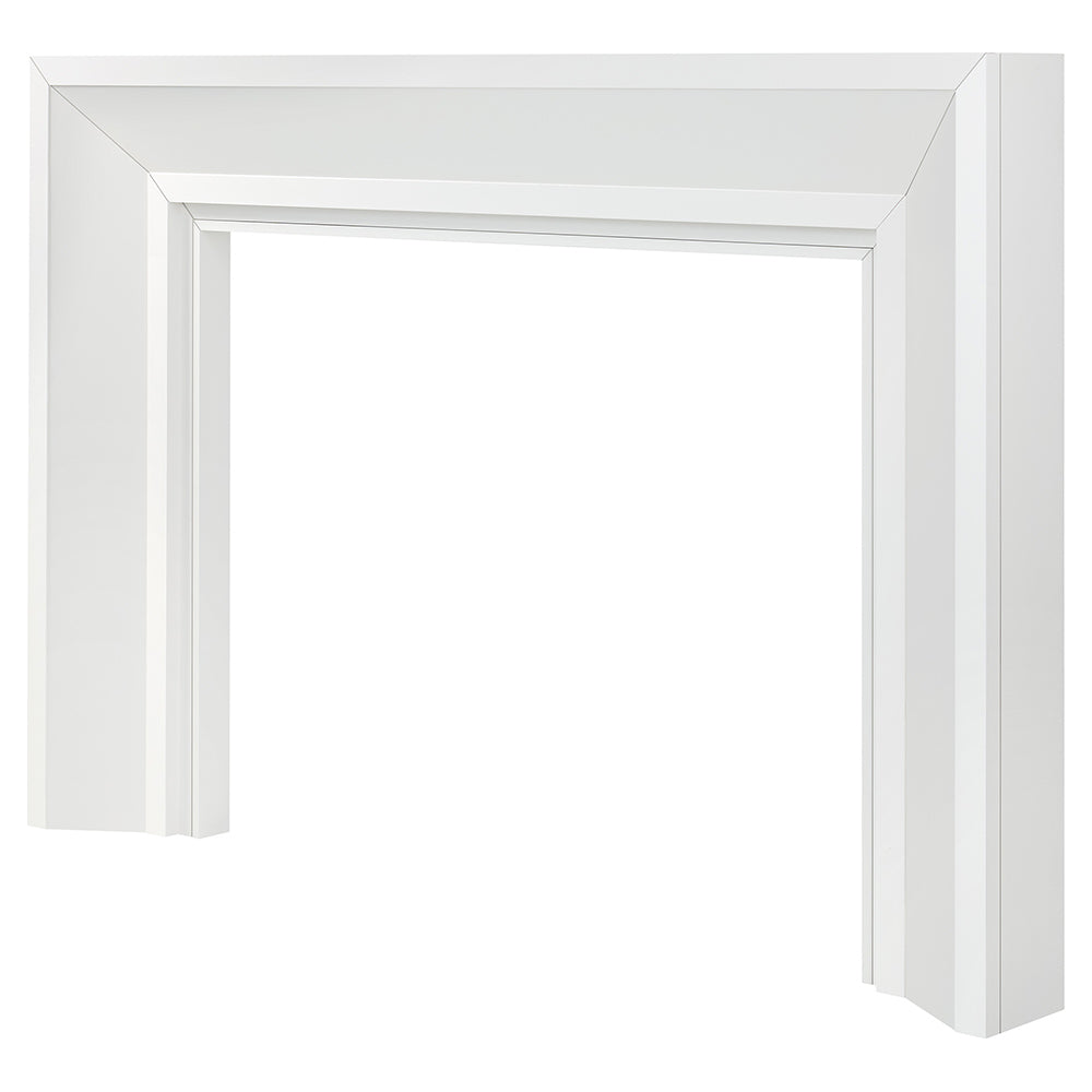 angle view of the Everly Mantel Surround in bright white finish, perfect for a modern or transitional fireplace design.