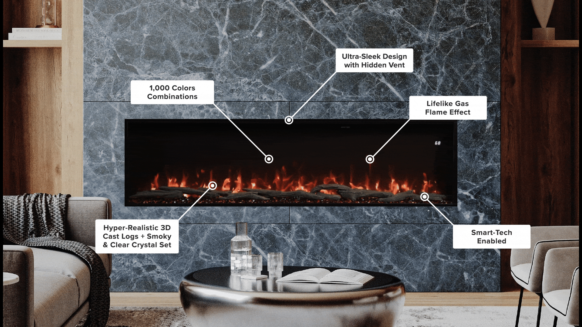 Modern Ember Highmark luxury electric fireplace with labeled features: 1,000 color combinations, ultra-sleek hidden vent design, lifelike gas flame effect, hyper-realistic 3D cast logs with smoky and clear crystal set, and smart-tech integration—showcasing Modern Ember’s premium fireplace innovation.