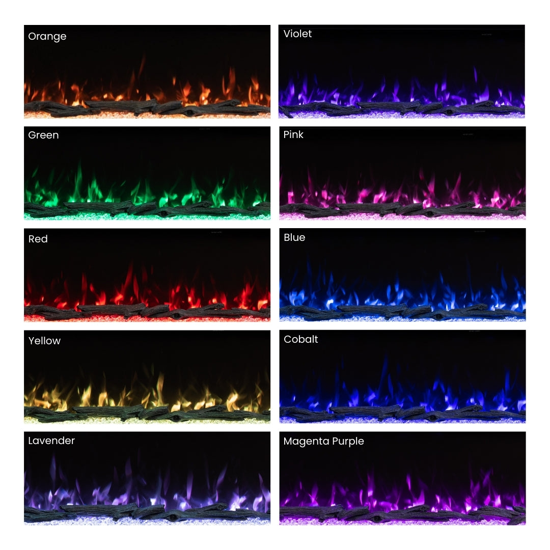 Grid displaying ten bright flame and ember  colors for the Highmark Fireplace, including green, blue, purple, and magenta.