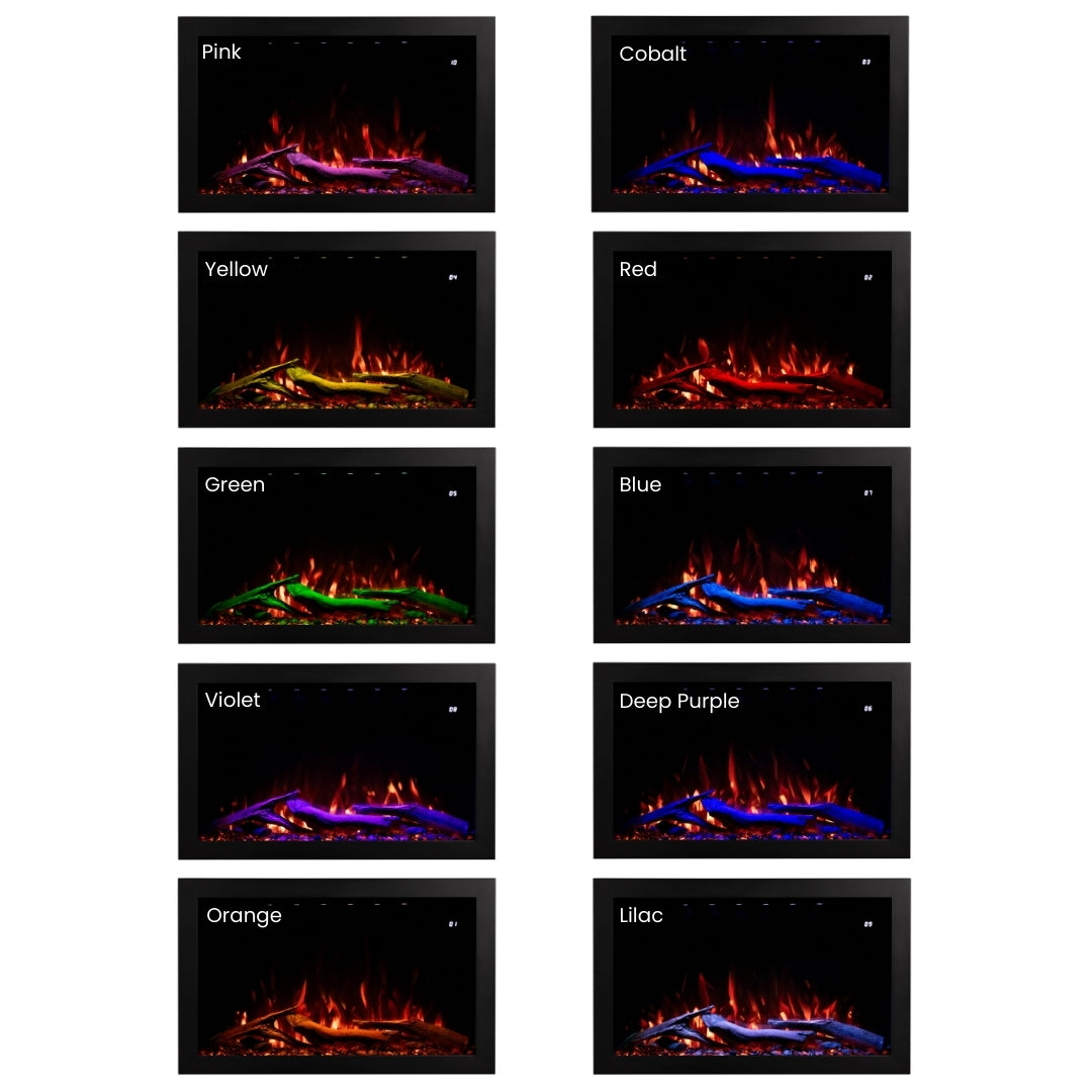 Grid displaying 10  different blue, purple, and magenta log and ember bed color combinations for the Highmark Fireplace.