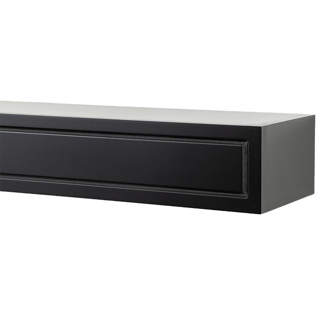 close up, angle shot of Lotta floating mantel shelf, box style, with a simple block design and matte black finish.