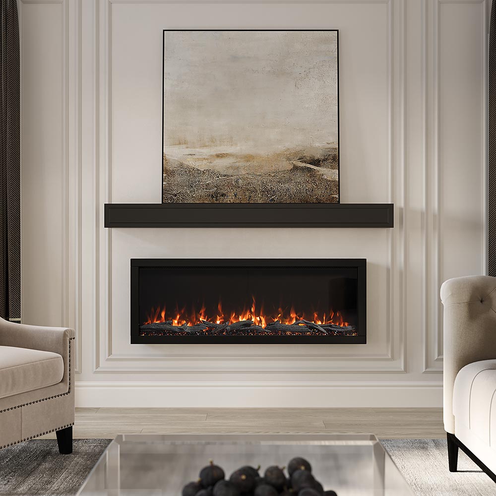 Bright modern living room showcasing the Lotta Shelf in a black finish, demonstrating its simple block design and versatile style above a fireplace.