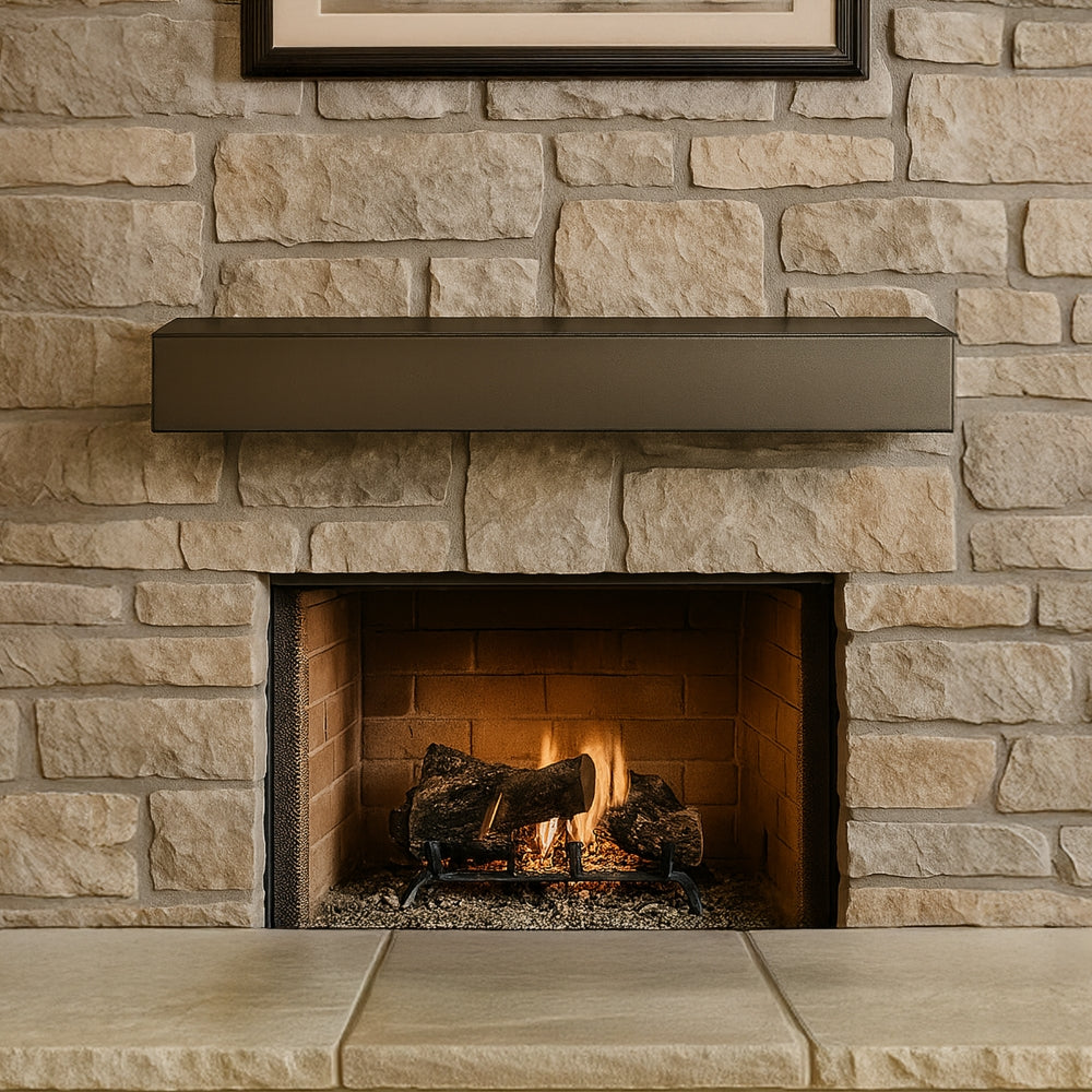 Cozy living room with a fire and a TV above the Lustra Metal Mantel Shelf in classic bronze on a stone hearth.