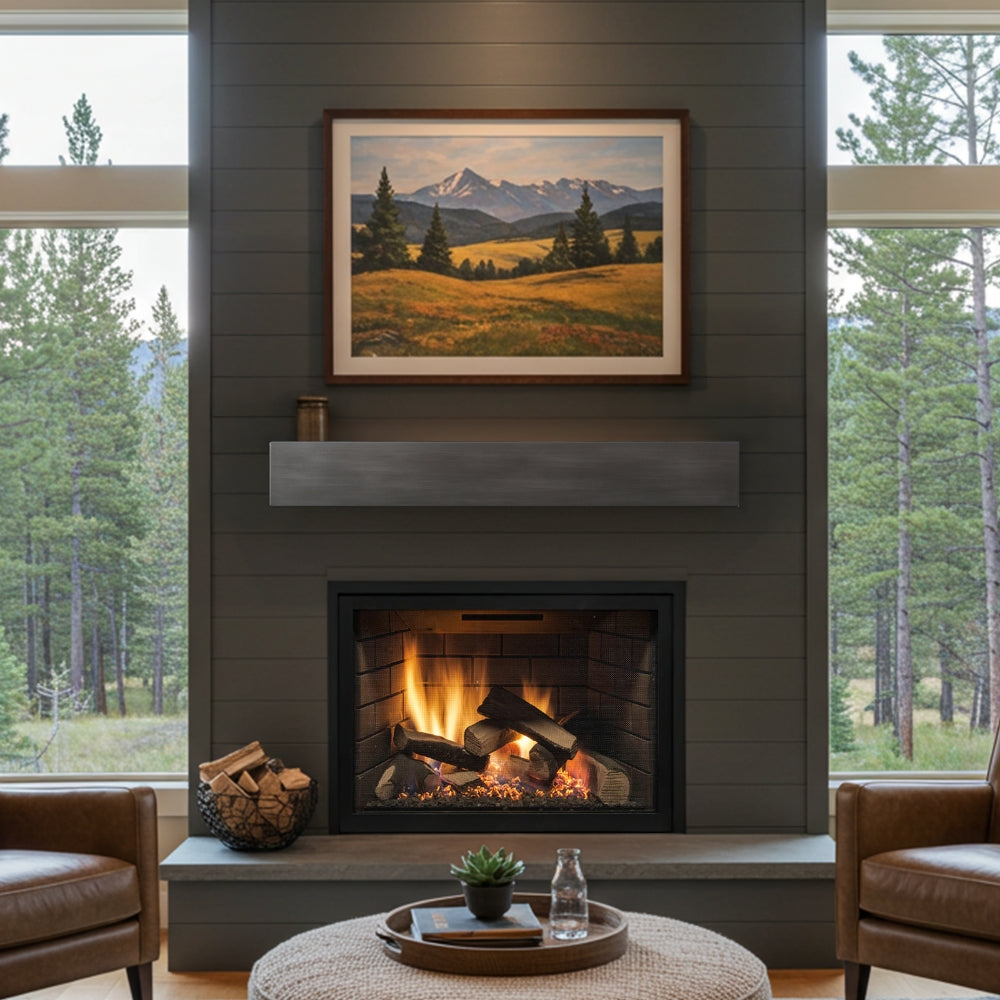 Lustra Metal Mantel Flint gray finish installed above a gas fireplace with burning logs. The mantel is mounted on a dark gray shiplap wall, beneath a scenic painting, in a living room with large windows overlooking a pine forest.