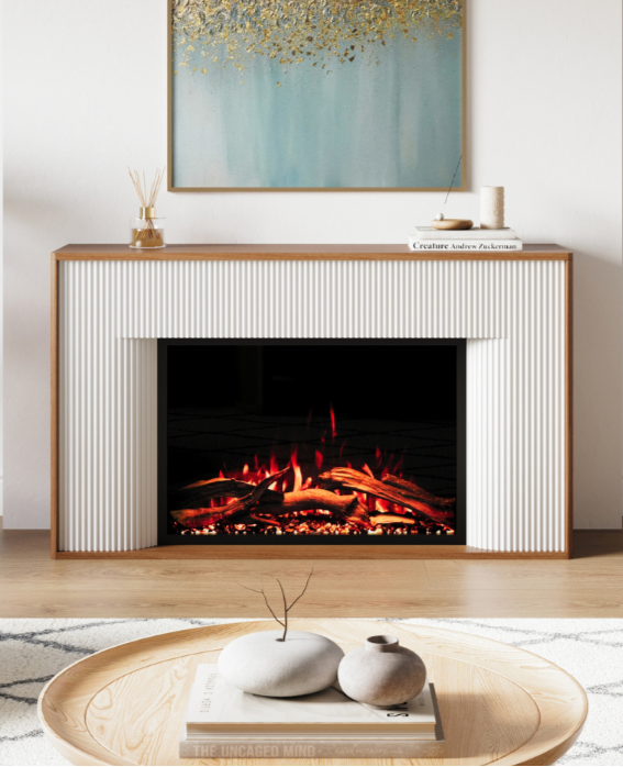 Modern Ember Arrie Electric fireplace with white mantel package