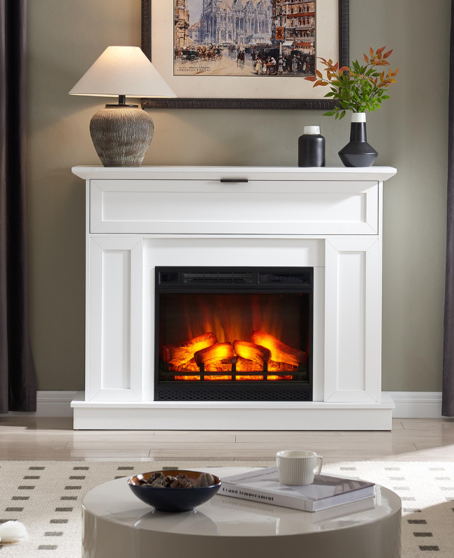 Modern Ember compact white mantel with glowing electric fireplace insert in a warmly styled living room