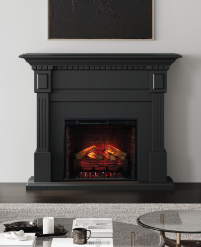 Modern Ember Black Augustine Mantel with electric fireplace. Comes as a package.